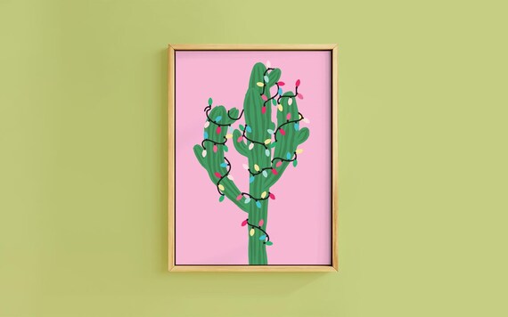 Lit Saguaro Cactus Wrapped in Christmas Lights Pink Desert Print