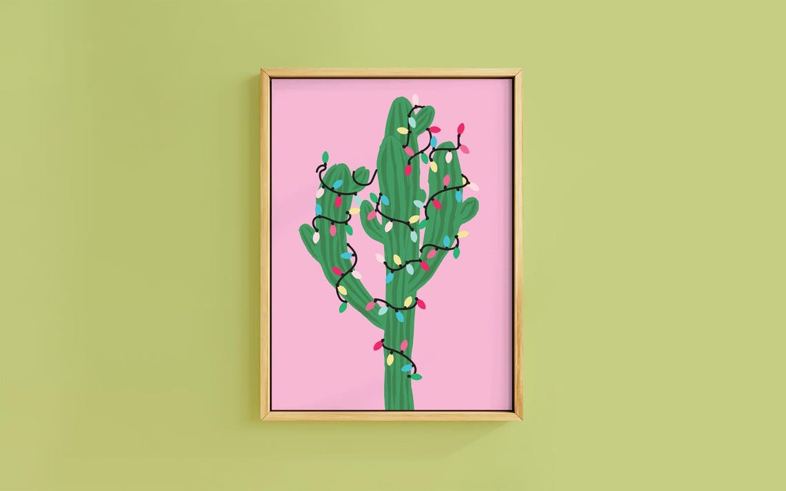 Lit Saguaro Cactus Wrapped in Christmas Lights Pink Desert Print