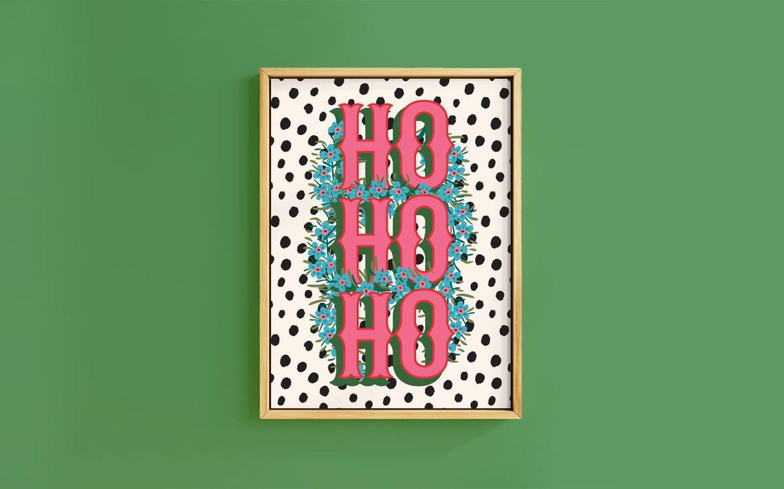 Ho Ho Ho Pink Lettering Floral Wreath Christmas Quote Poster