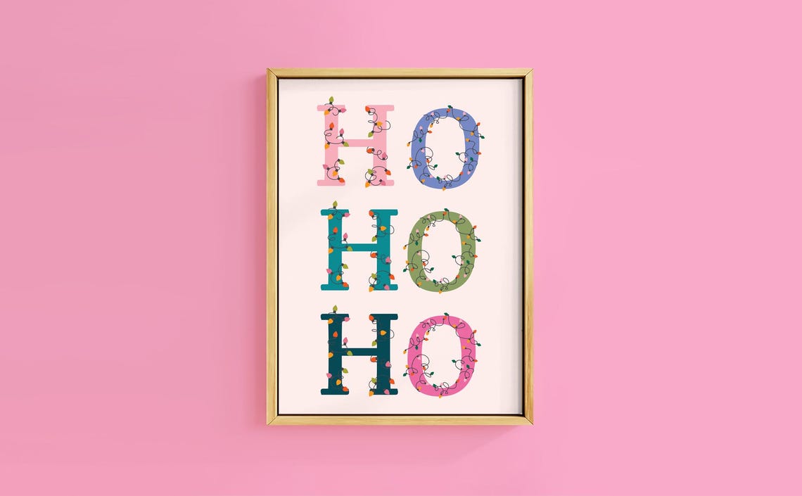Ho Ho Ho Fairy Light Lettering in Rainbow Colors Holiday Print