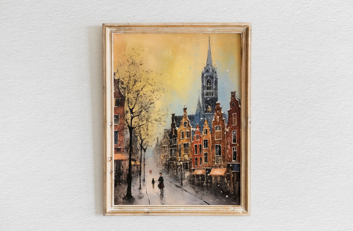 Amsterdam Canal Gabled Houses Church Tower Winter Sunset Poster