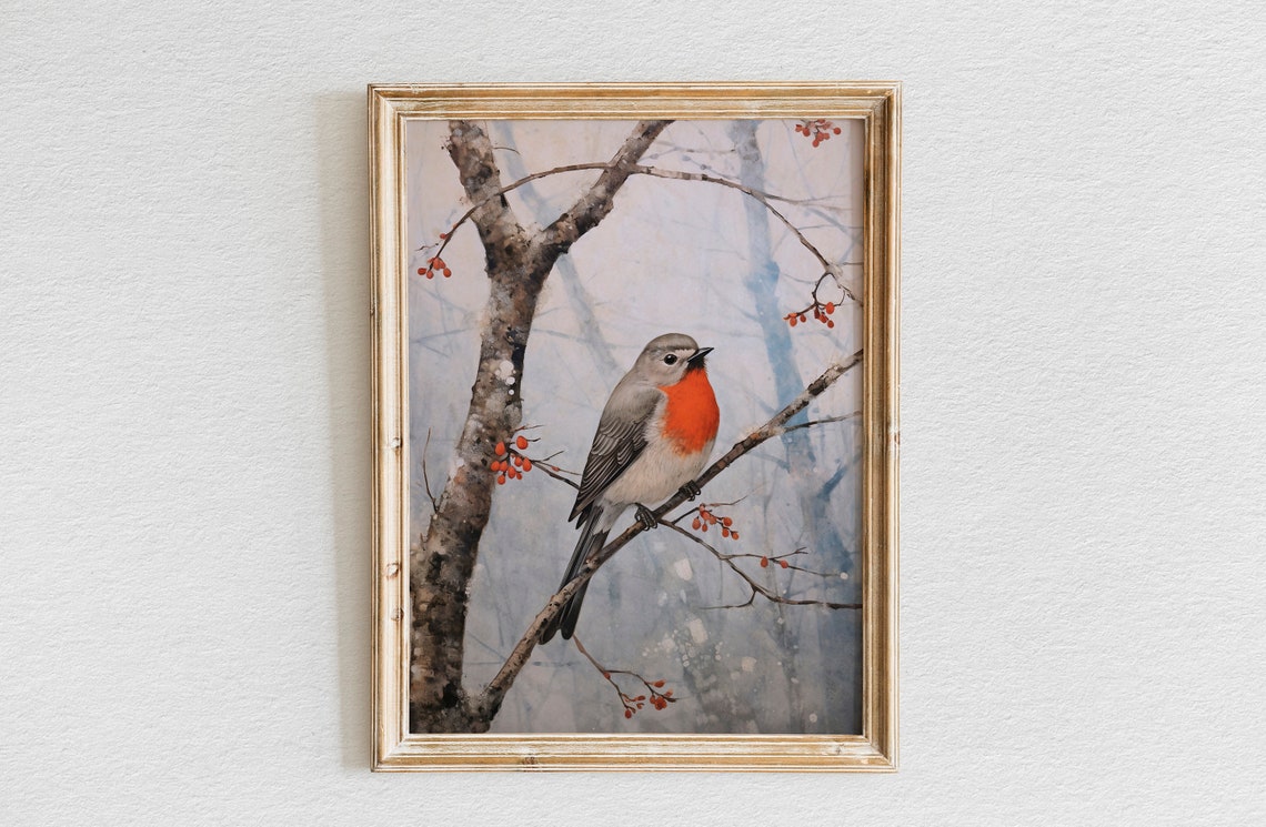 Robin on a Diagonal Branch with Bright Red Winter Berries Poster