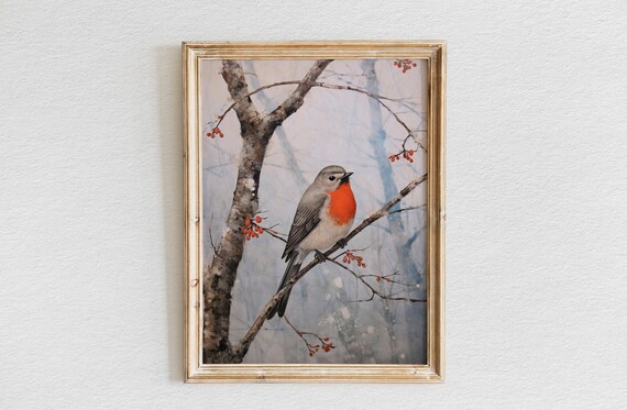 Robin on a Diagonal Branch with Bright Red Winter Berries Poster