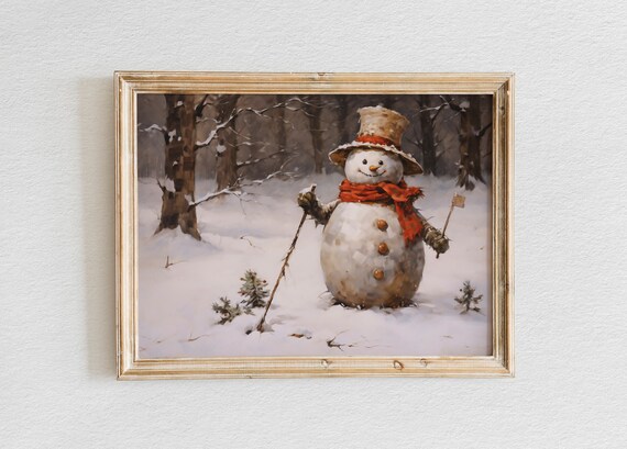 Cheerful Snowman Hiking with Walking Sticks in the Snow Poster