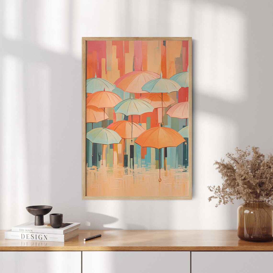 Colorful Umbrellas Oil Painting Abstract Rainy Day Scene Poster - Image 2