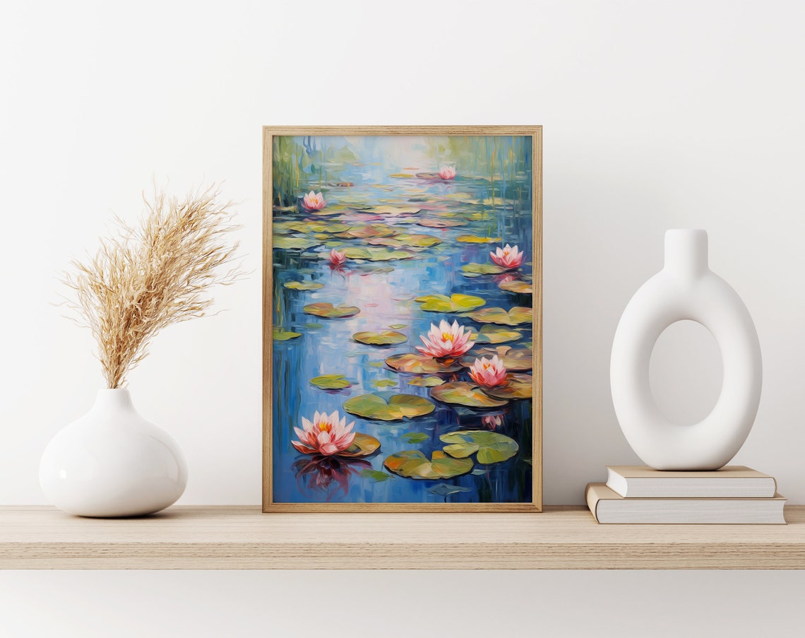 Pink Water Lilies on a Blue Pond Monet Style Impressionist Oil Poster - Image 3