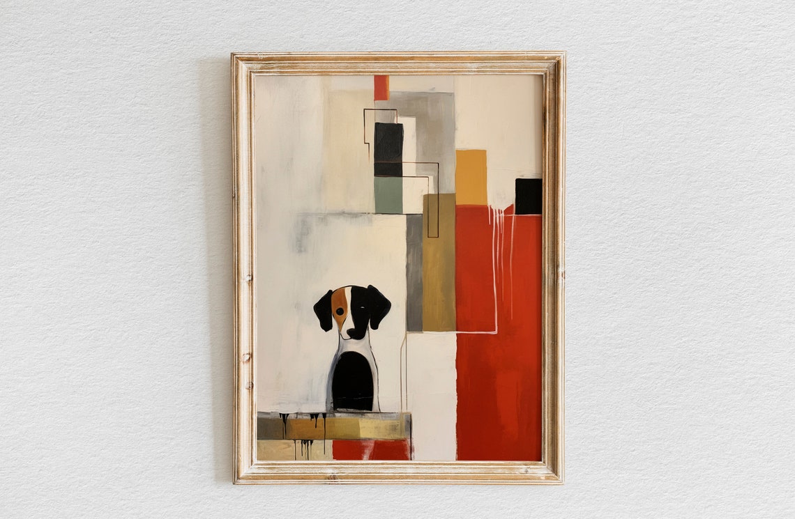 Modern Dog Portrait with Bold Red Geometric Abstract Blocks Poster