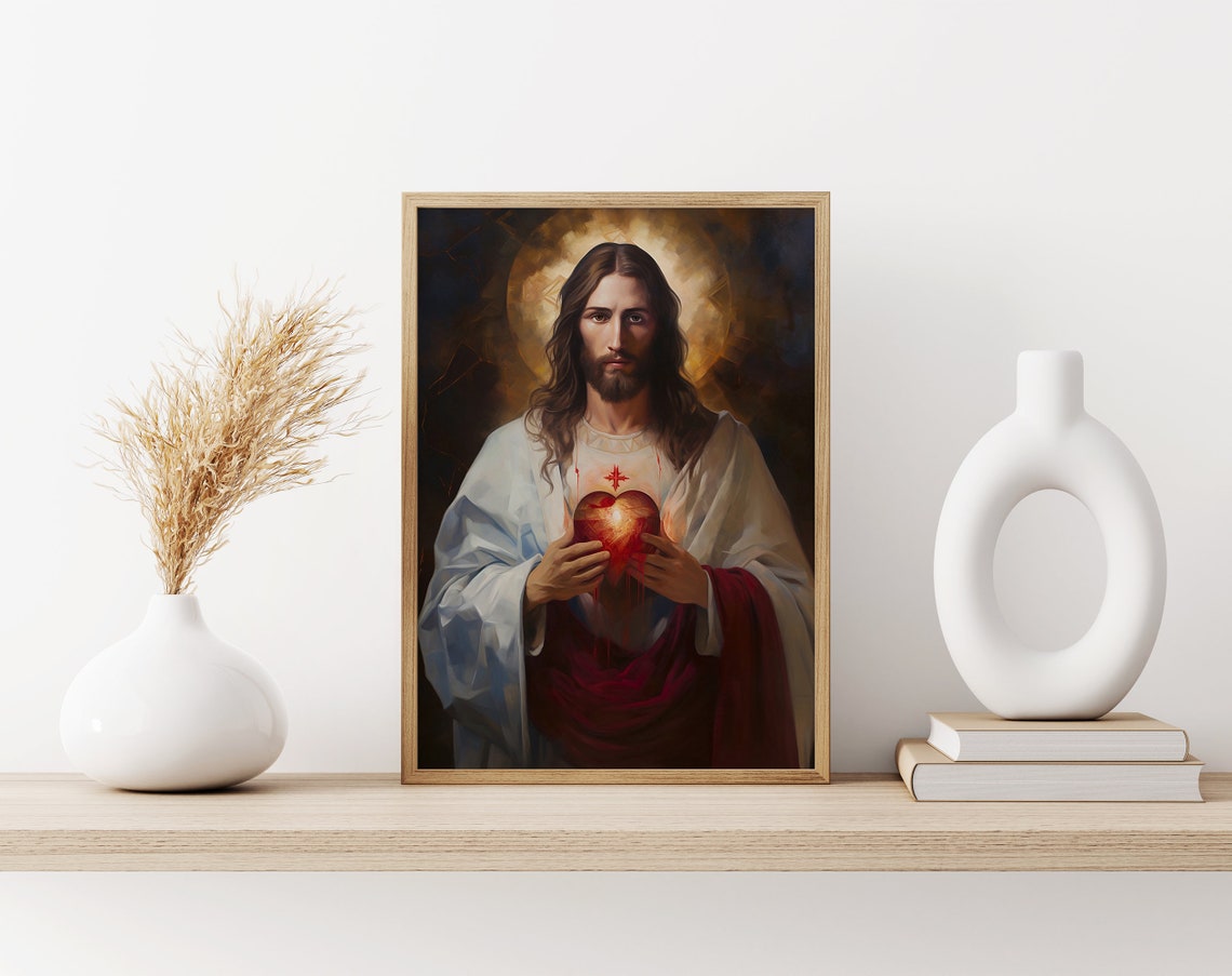 Oil Painting Of The Most Sacred Heart Of Jesus Jesus Wall Art Christian Wall Art Jesus Painting Wall Art Bible Verse - Image 3