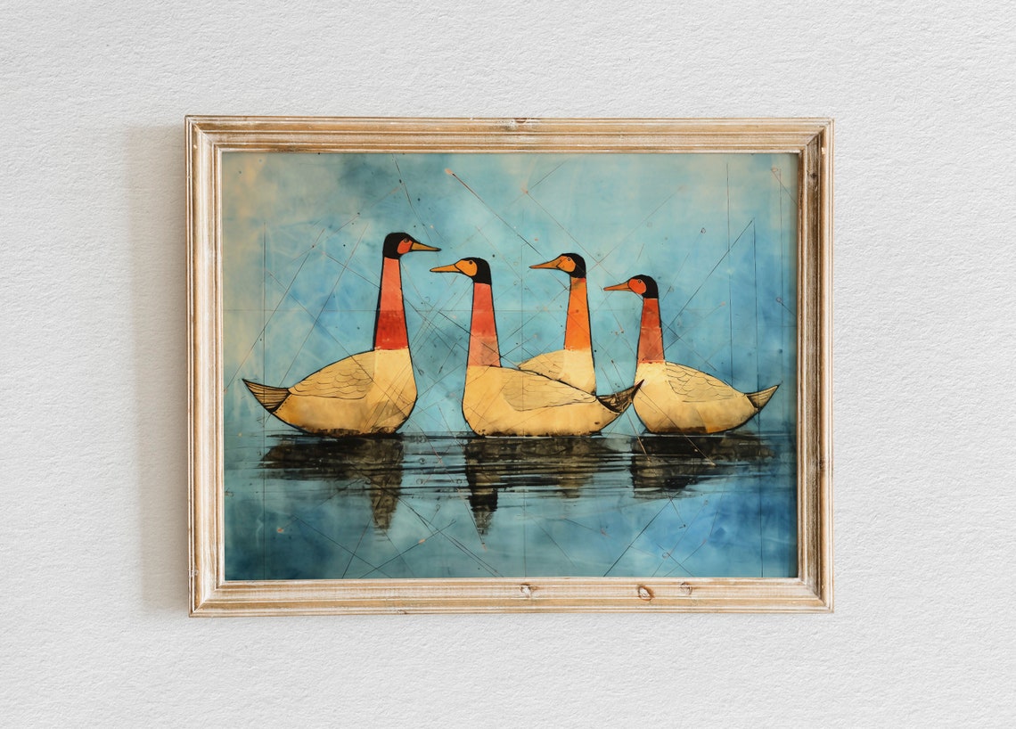 Four Stylized Geese on Blue Water Paul Klee Inspired Modern Poster