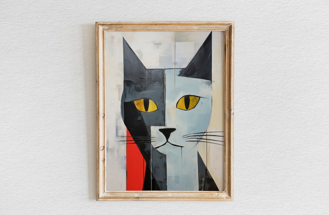 Abstract Geometric Cat Face in Black White and Red Art Print