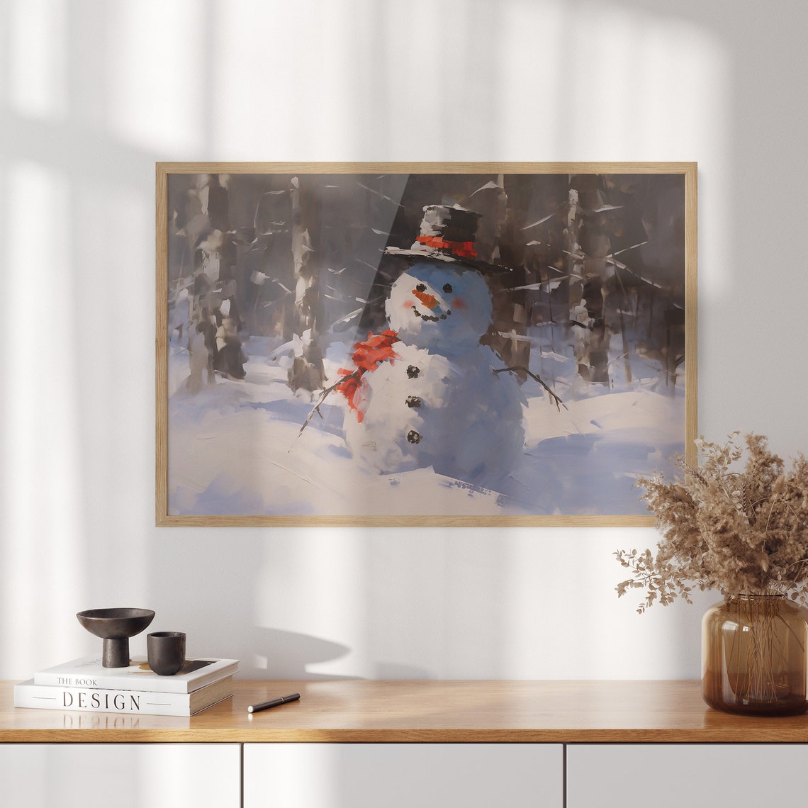 Smiling Snowman with Black Top Hat Alone in Snowy Woods Poster - Image 3