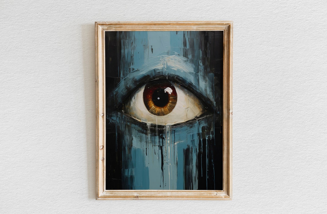 Intense Amber Eye Emerging from Dark Blue Brushwork Art Poster