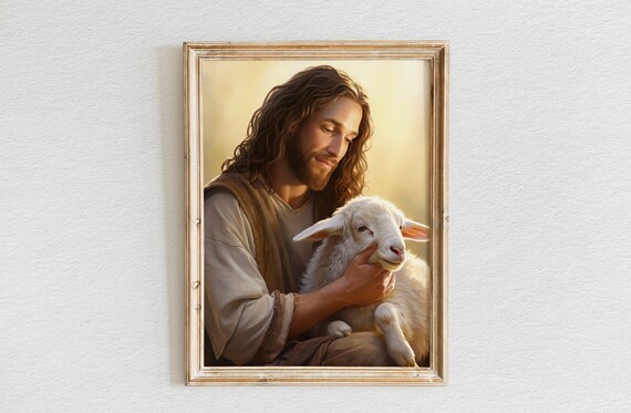 Jesus Tenderly Holding a Lamb in Warm Golden Light Oil Painting Poster