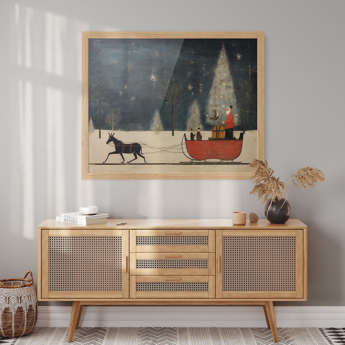 Santa Claus Riding Red Horse Drawn Sleigh Folk Art Snowy Night Poster - Image 2