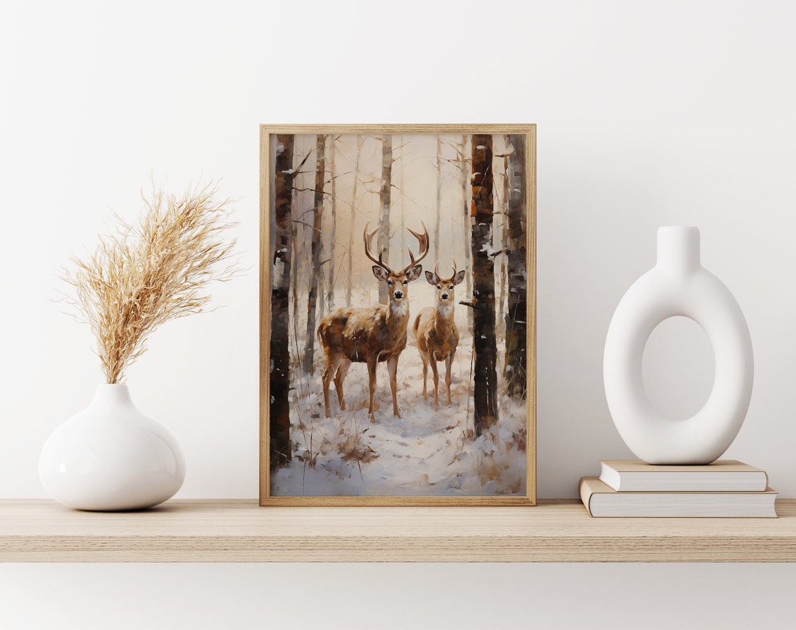 Pair of Deer Standing in Snowy Birch Forest Winter Scene Art Poster - Image 3