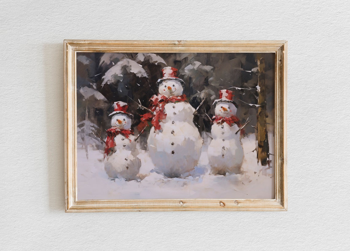 Three Happy Snowmen with Red Scarves in a Snowy Forest Poster