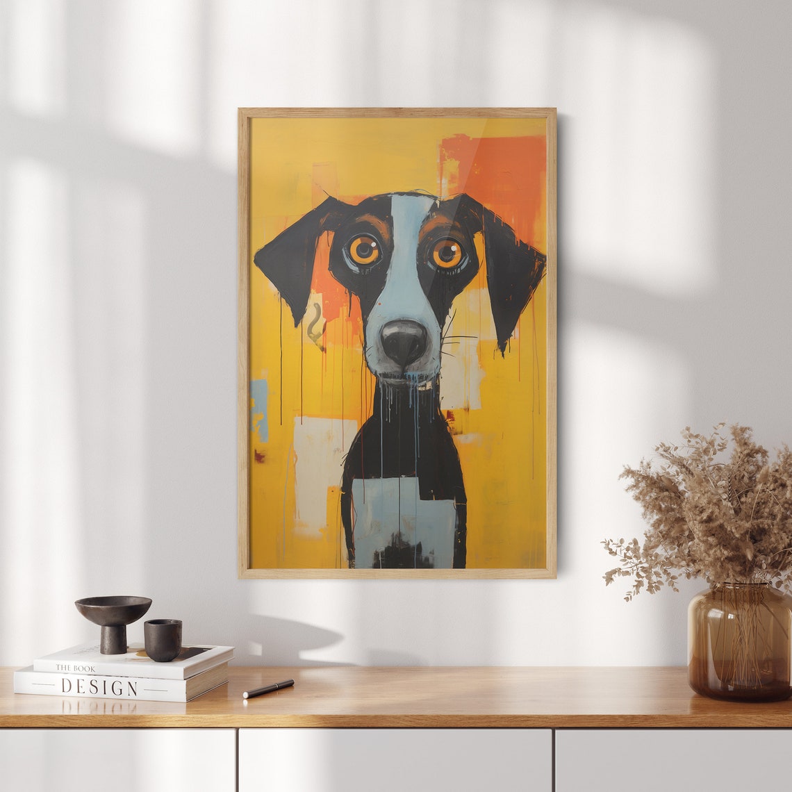 Whimsical Wide Eyed Dog Portrait on Vivid Orange Background Poster - Image 2