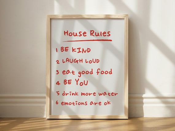 House Rules Handwritten Red Lettering Family Home Decor Poster