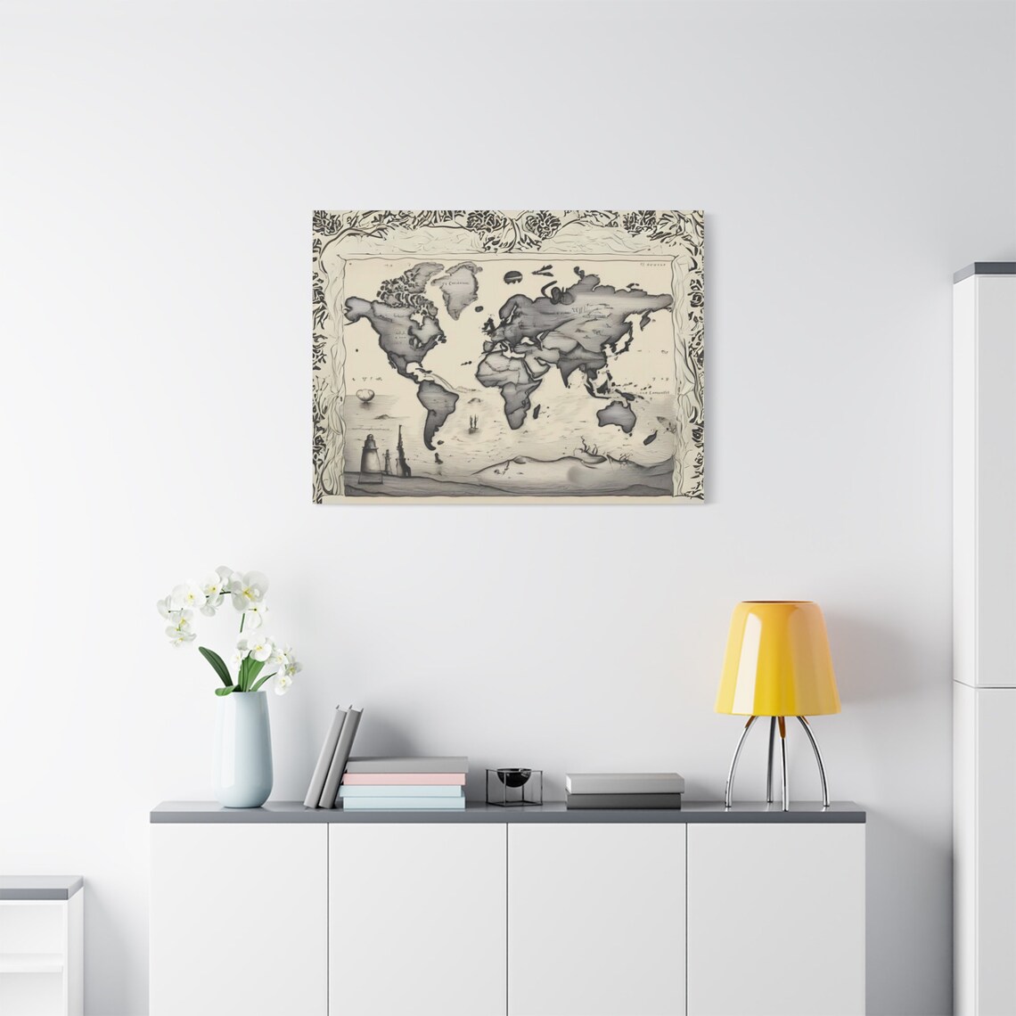 Vintage Sepia World Map Botanical Border Lighthouse Antique Art Poster - Image 2