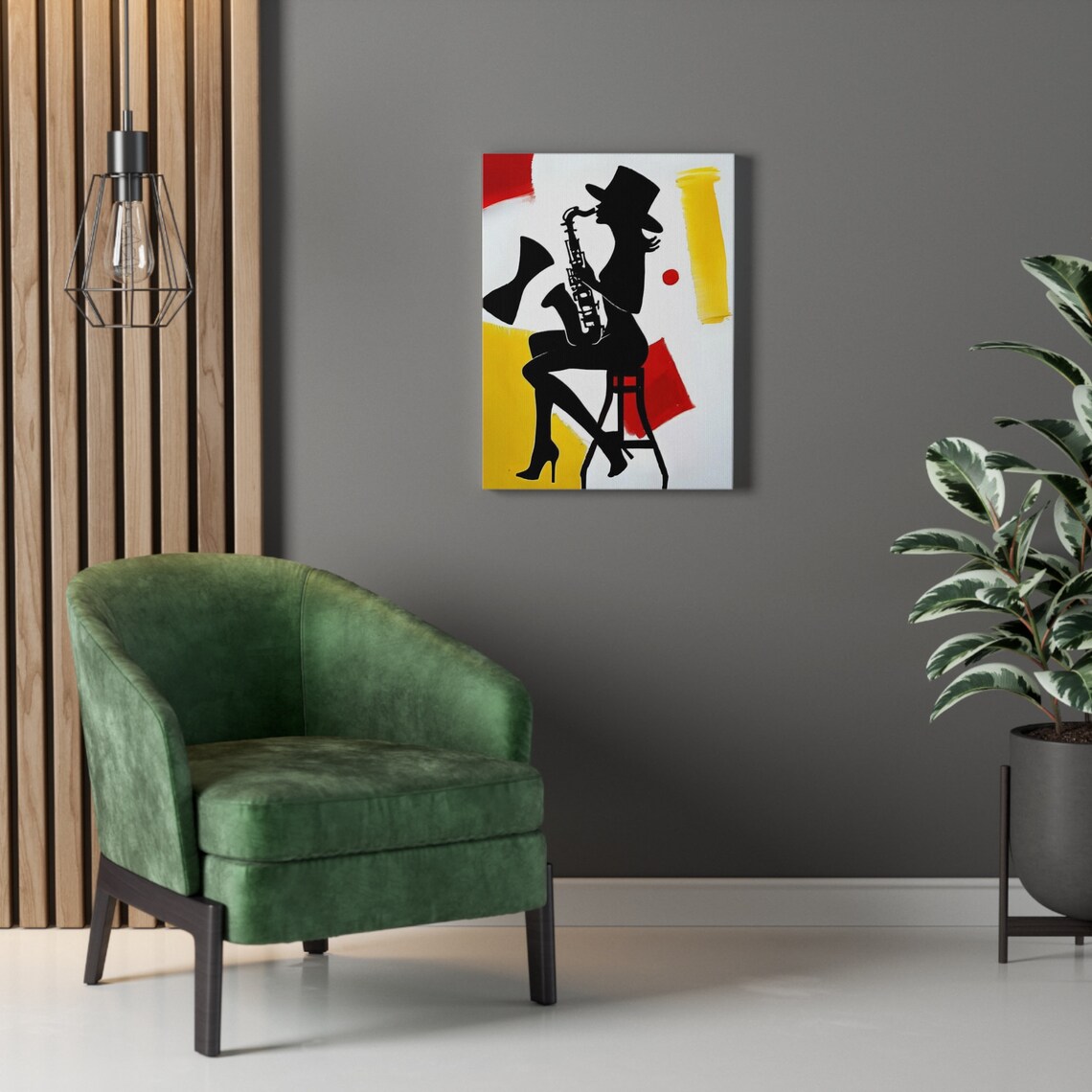 Black Silhouette Woman Saxophone Player Red Yellow Abstract Jazz Art Poster - Image 4