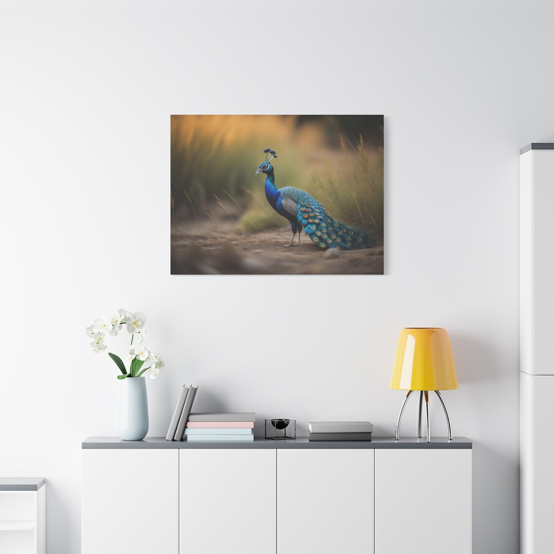 Peacock In Golden Grass Blue Feathered Bird Nature Wildlife Poster - Image 4