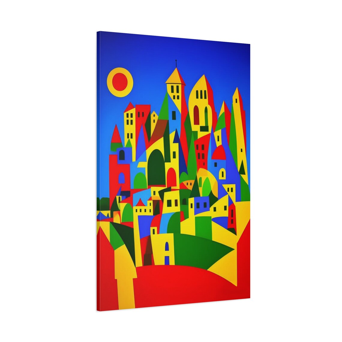 Colorful Geometric Abstract City Buildings Red Sun Art Wall Poster - Image 3