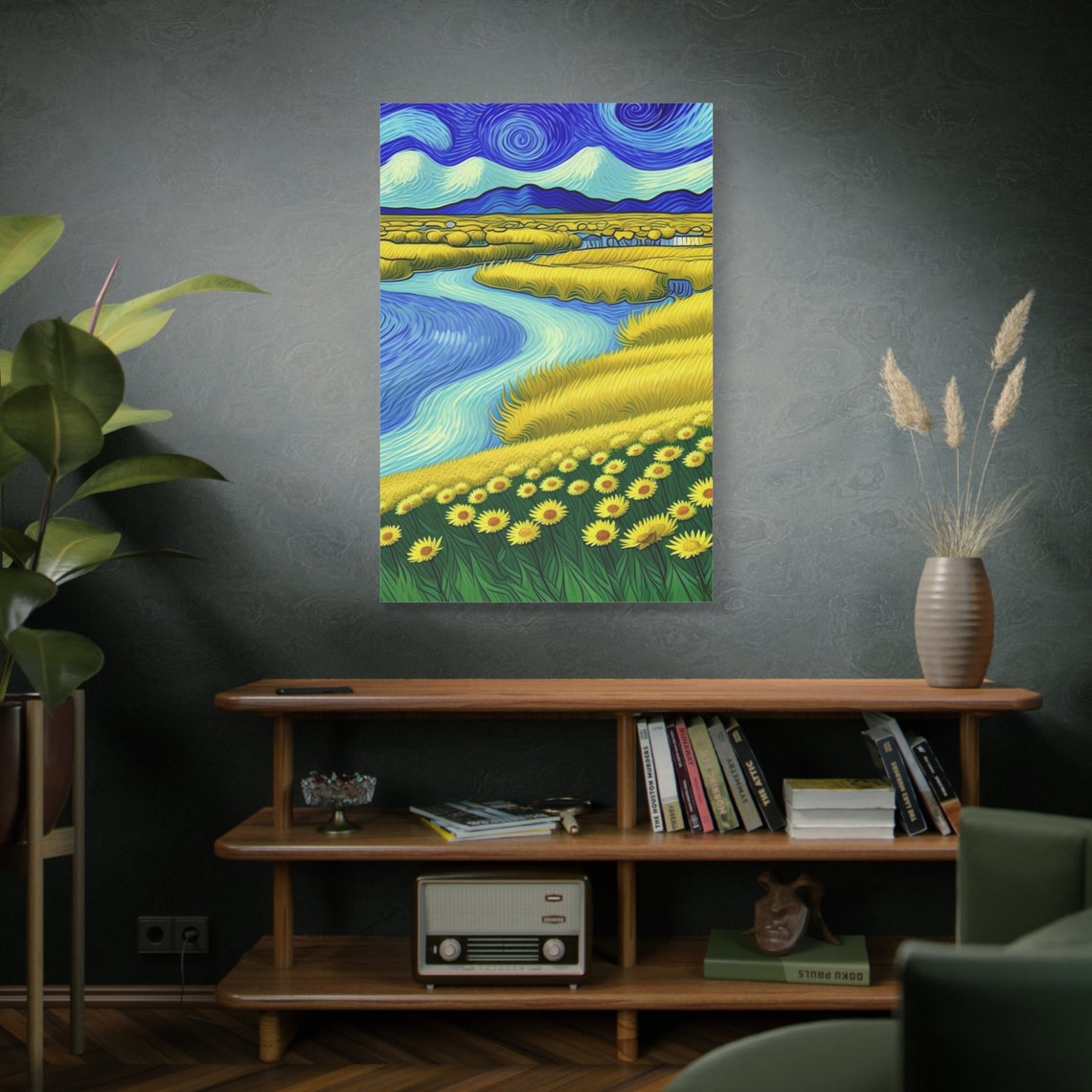 Van Gogh Style Sunflower Field River Swirling Blue Sky Art Poster - Image 2