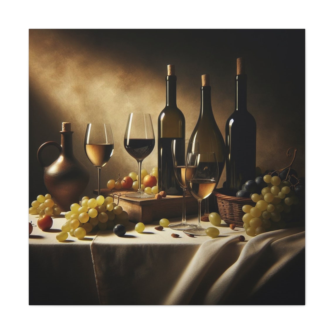 Vintage Wine Bottles Grapes Still Life Warm Candlelight Art Poster - Image 2