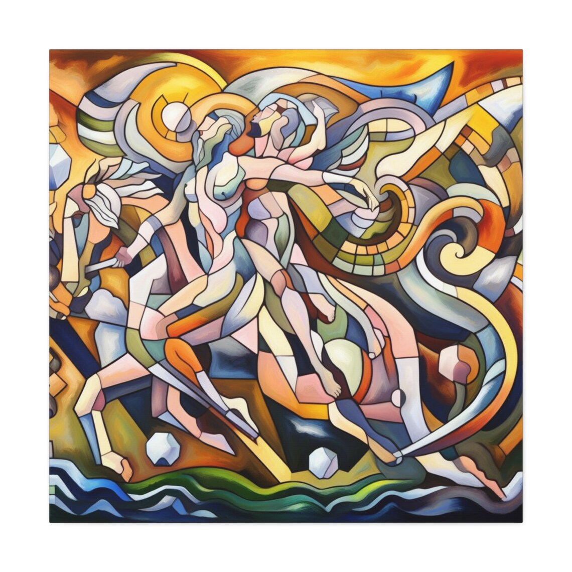Cubist Mythological Horse Angel Figures Fiery Gold Orange Art Poster - Image 3