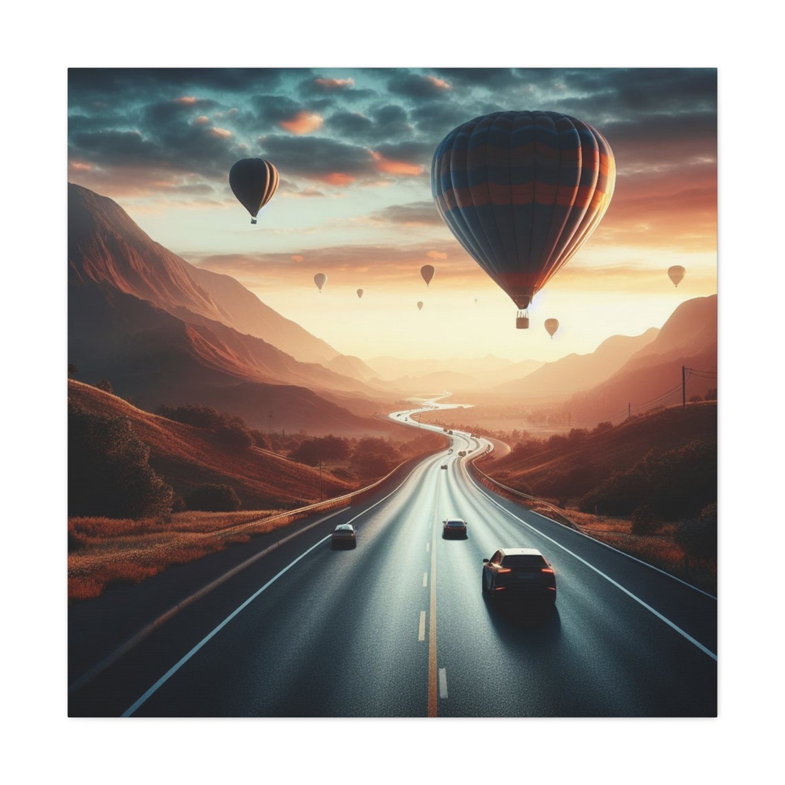 Mountain Highway Sunset Hot Air Balloons Cars Road Trip View Poster - Image 2