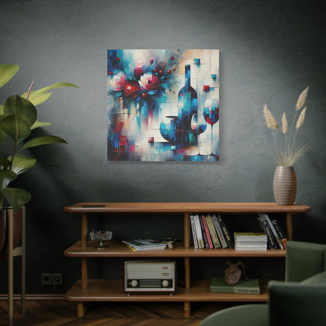 Abstract Wine Bottle Roses Teal Geometric Modern Floral Art Poster - Image 4