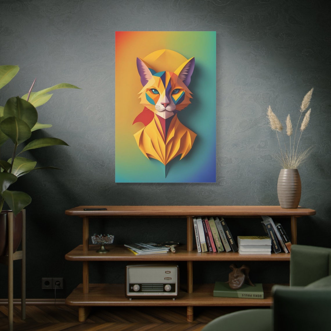 Colorful Geometric Cat Art Polygonal Cat Wall Art Abstract Animal Painting Animal Wall Art Cat Lover Gift Stretched 125 - Image 4