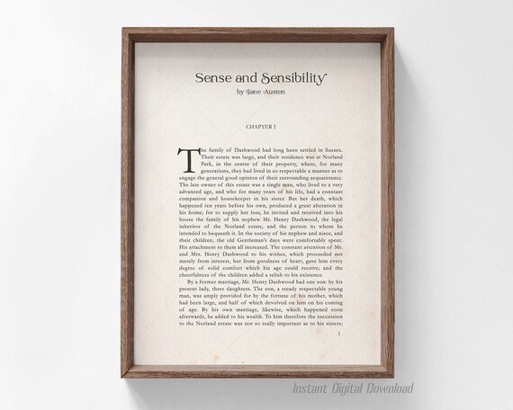 Jane Austen Sense And Sensibility Chapter 1 First Page Book Wall Art Print
