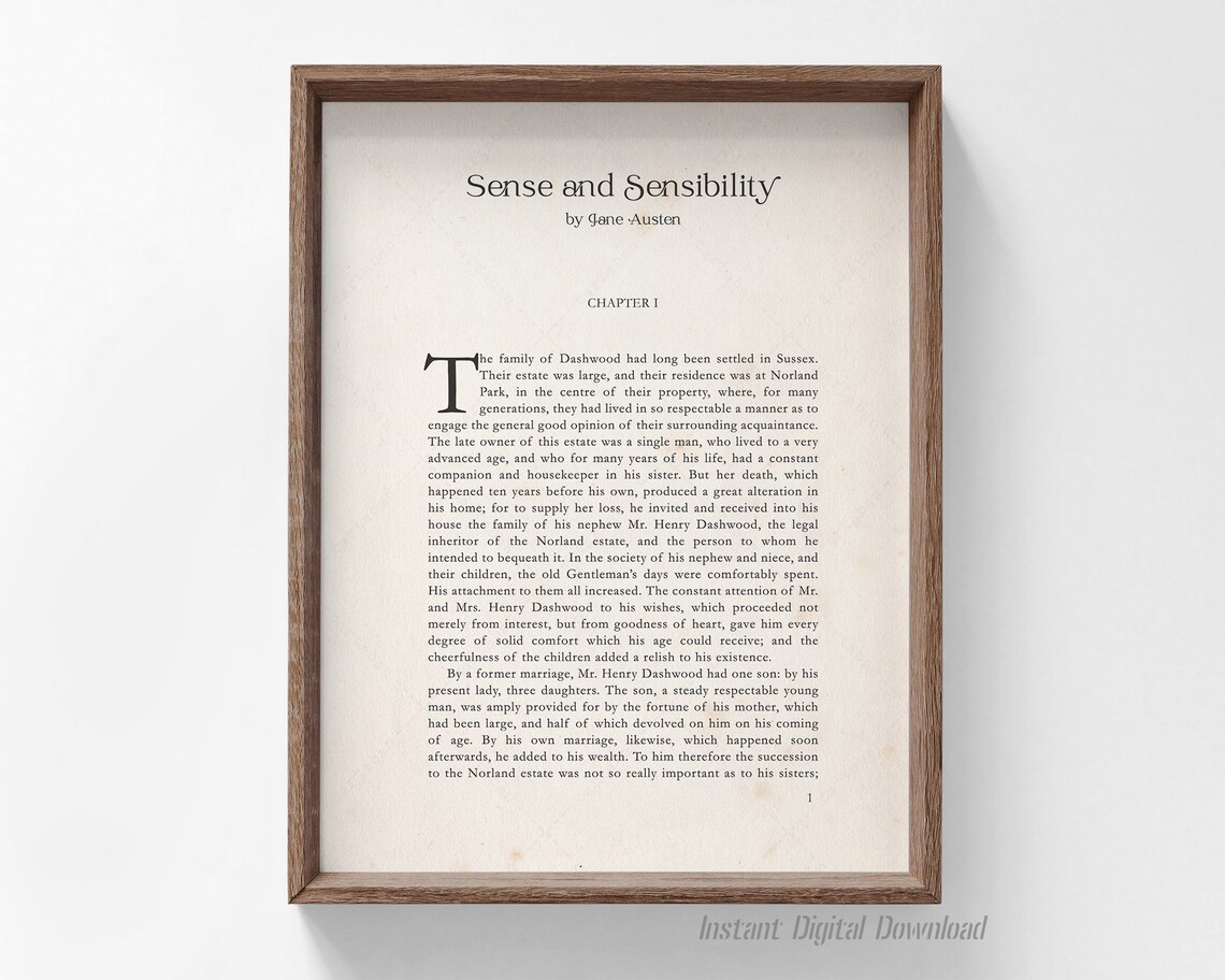 Jane Austen Sense And Sensibility Chapter 1 First Page Book Wall Art Print