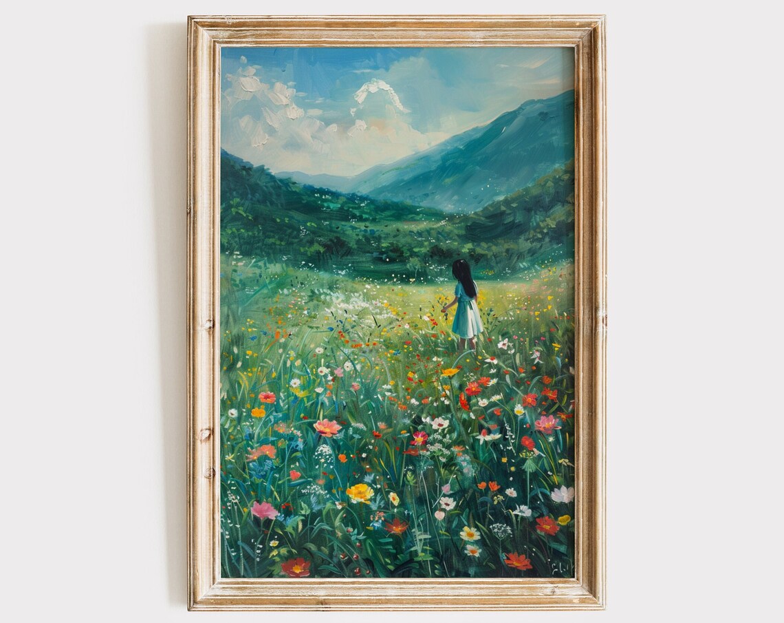 Girl in Wildflower Meadow Mountain Valley Colorful Oil Poster