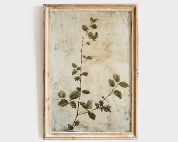 Vintage Branch Painting Neutral Print Muted Wall Art Rustic Decor Farmhouse Artwork Antique Decoration