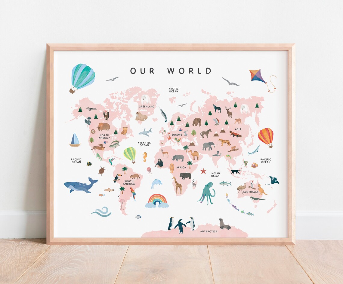 World Map Pink Nursery Educational Poster - Image 3