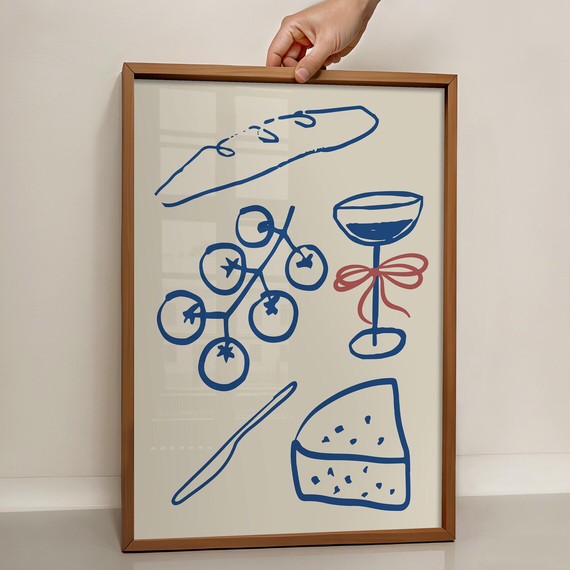 Blue Line Art Dinner Party Cheese Wine Trendy Kitchen Wall Poster