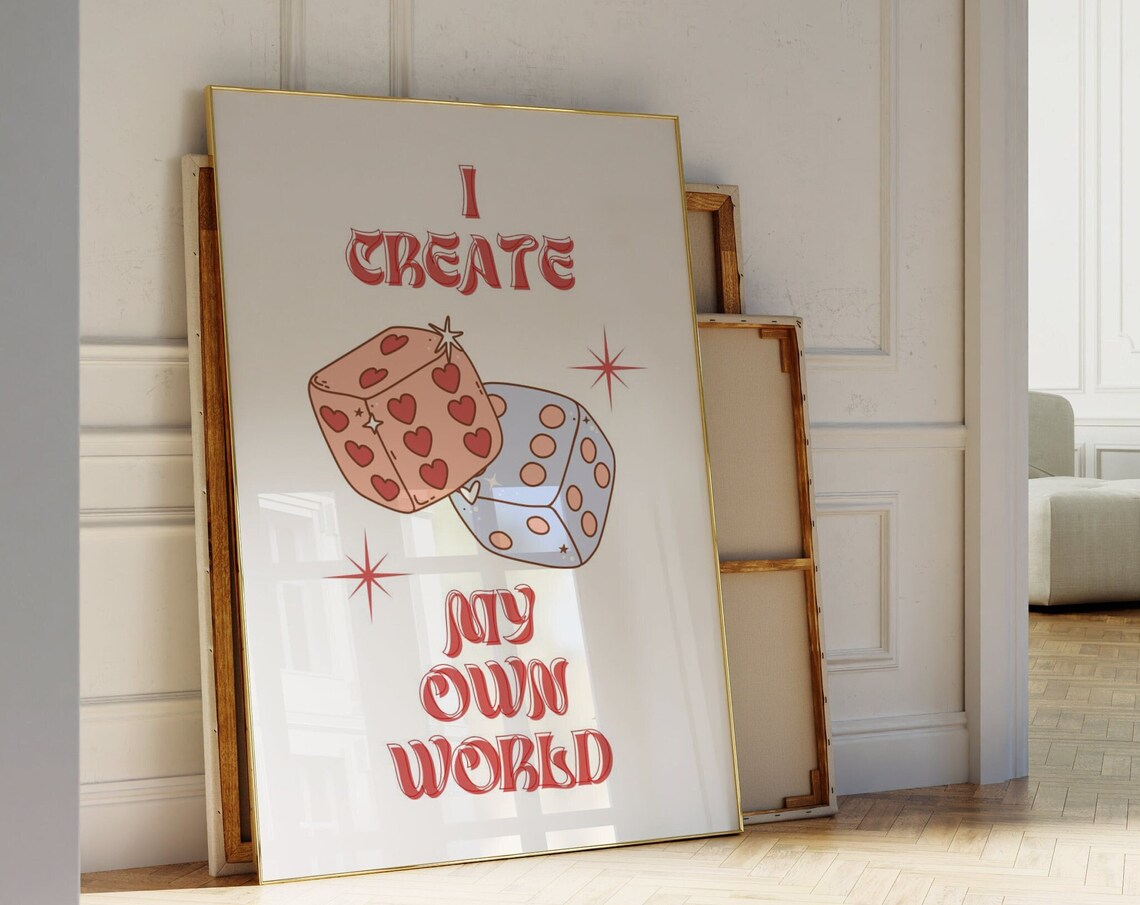I Create My Own World Retro Red Dice Hearts Starburst Quote Poster - Image 4