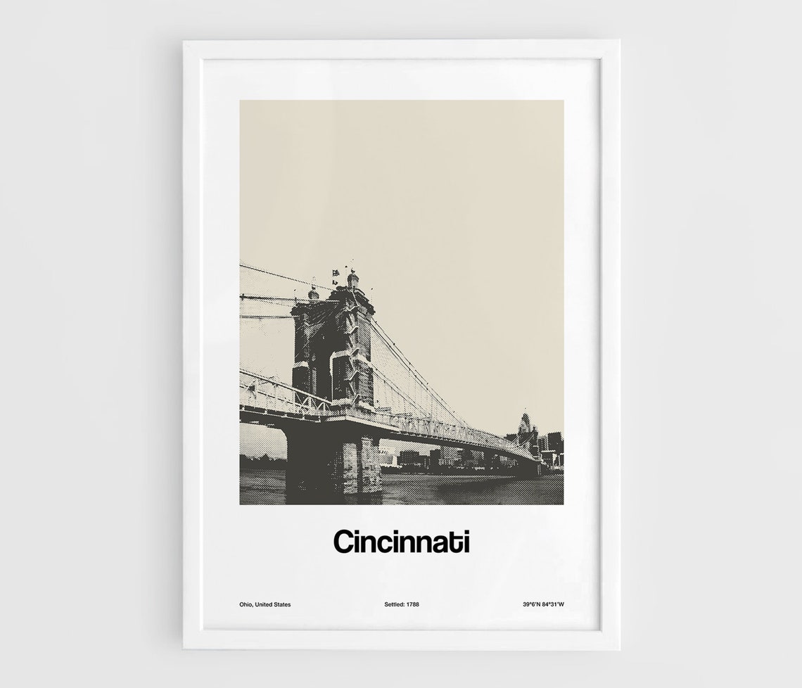 Cincinnati Minimalist Poster, Roebling Bridge Skyline