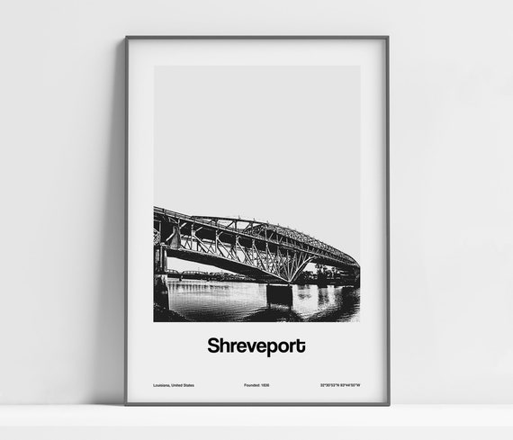 Shreveport Louisiana Print Shreveport La Poster Shreveport Longallen Bridge Black White Shreveport Wall Art Minimalist Custom City Print