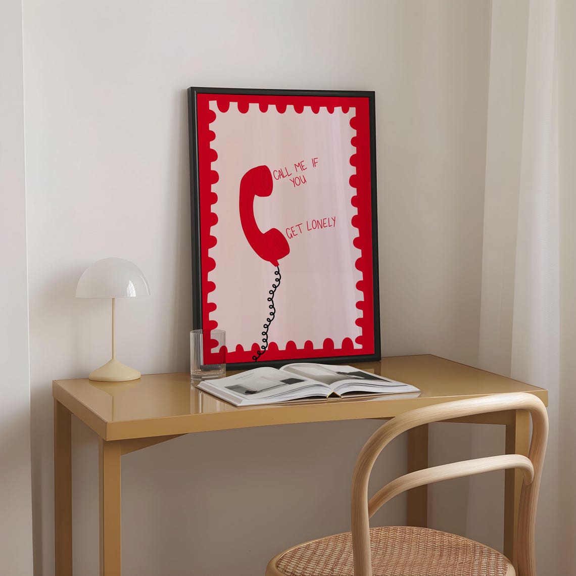 Call Me If You Get Lonely Retro Red Telephone Soft Pink Poster - Image 3