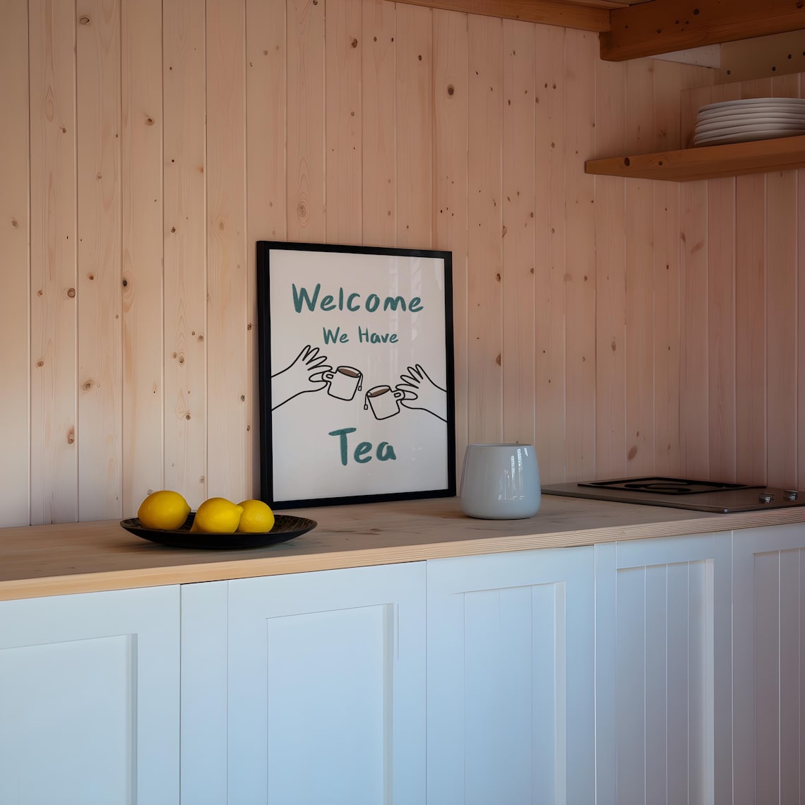 Welcome We Have Tea Poster with Cheering Mugs Warm Kitchen Decor - Image 3