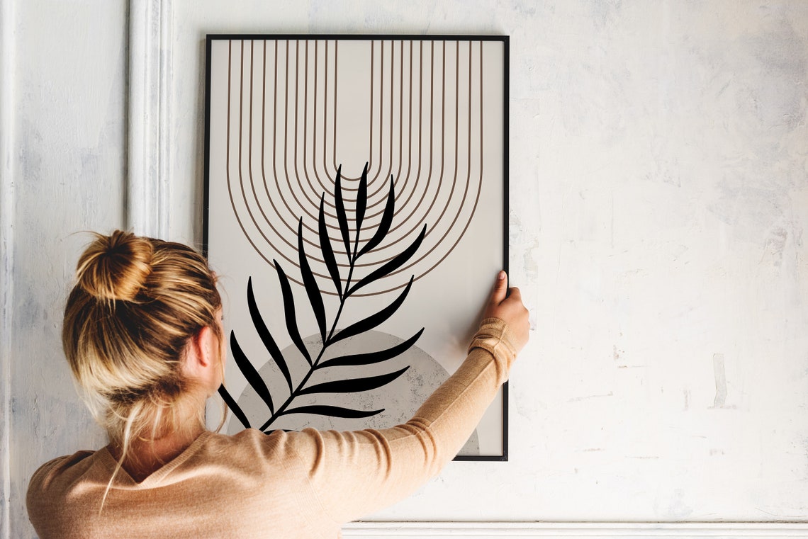 Mid Century Black Palm Leaf Arch Lines Neutral Botanical Poster - Image 4