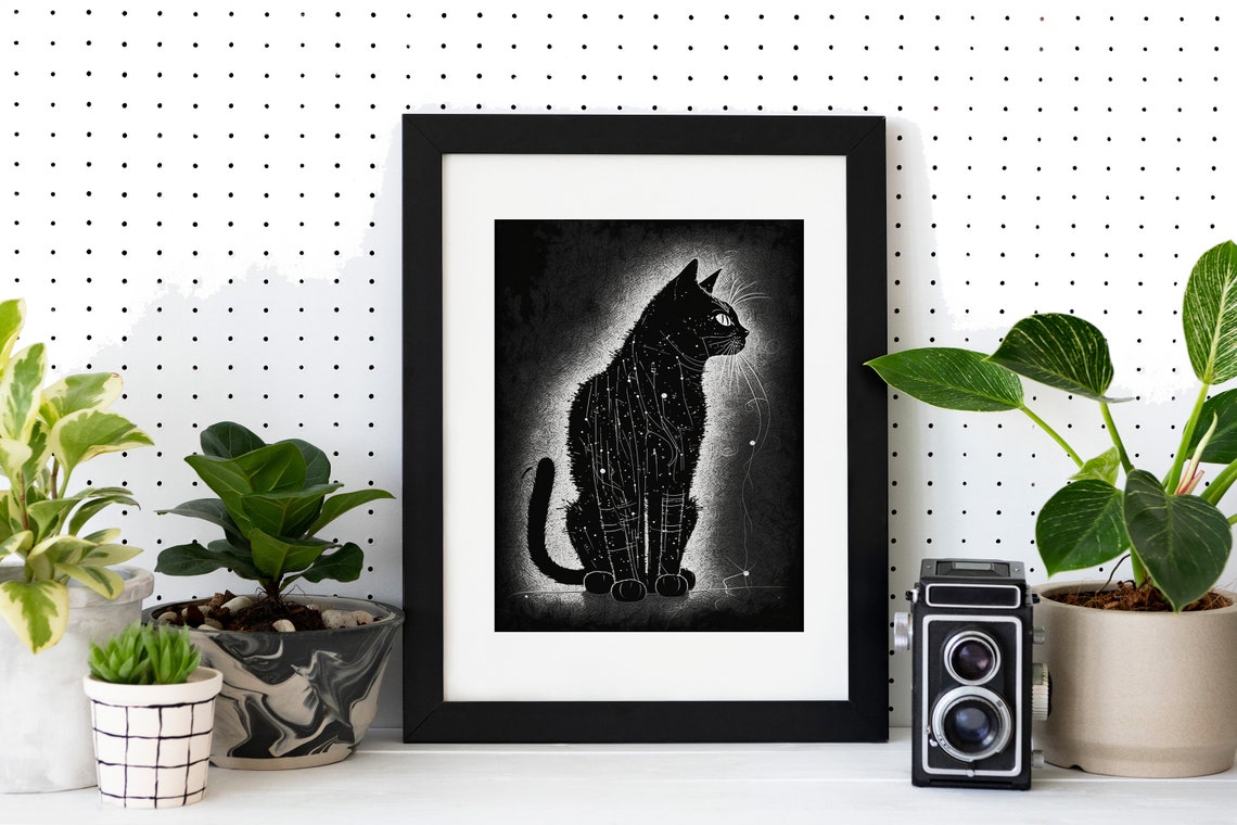 Black Cat Starry Night Silhouette Moody Celestial Animal Art Poster - Image 4