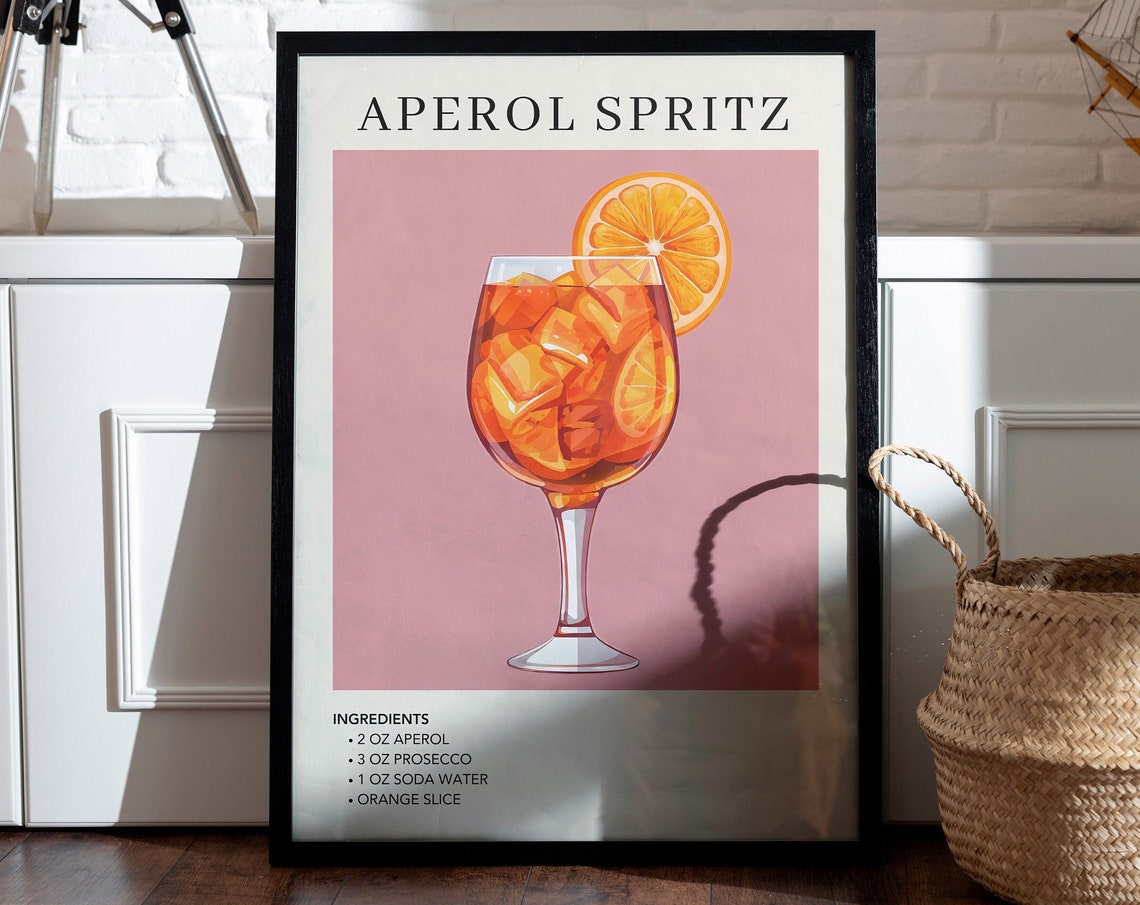 Aperol Spritz Recipe Art Cocktail Illustration Home Bar Decor Poster