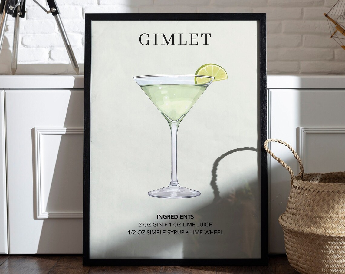 Gimlet Watercolor Retro Drink Poster, Bar Cart Decor