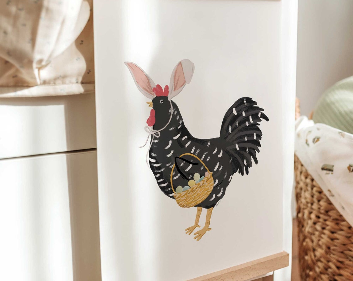 Whimsical Black Chicken with Bunny Ears Easter Basket Poster - Image 3