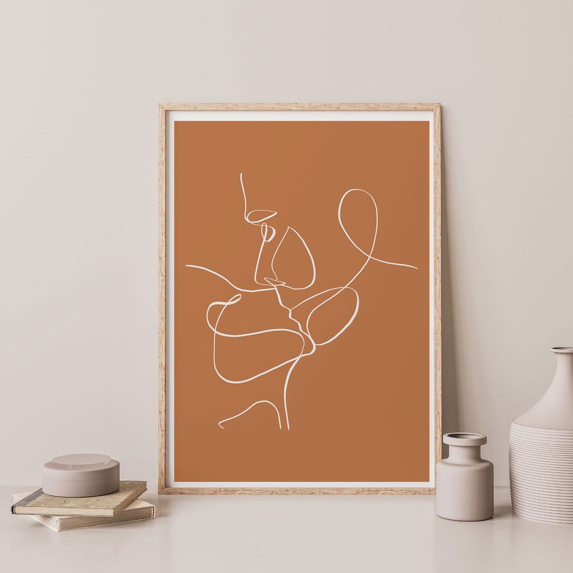 Terracotta Abstract White Line Art Modern Minimalist Figure Poster