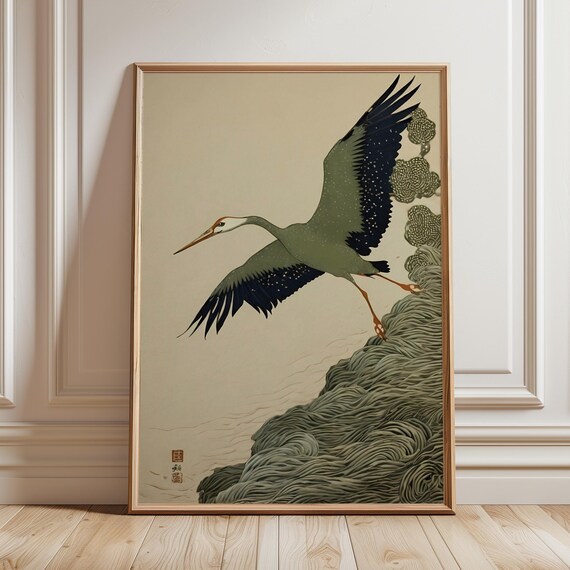 Japanese Crane Poster Ukiyoe Bird Minimal Zen Wall Art Japandi Decor